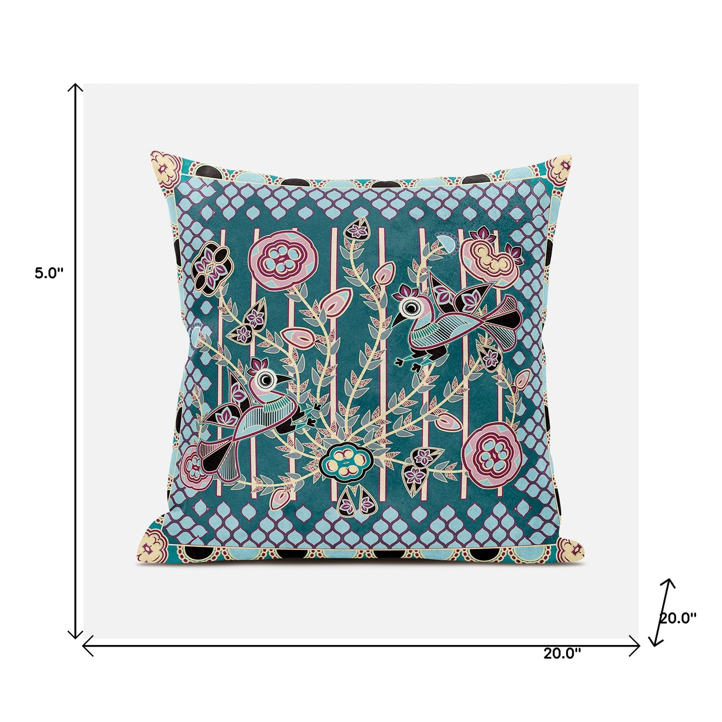 20" X 20" Pink and Green Peacock Broadcloth Floral Zippered Pillow
