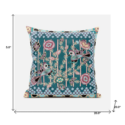 20" X 20" Pink and Green Peacock Broadcloth Floral Zippered Pillow
