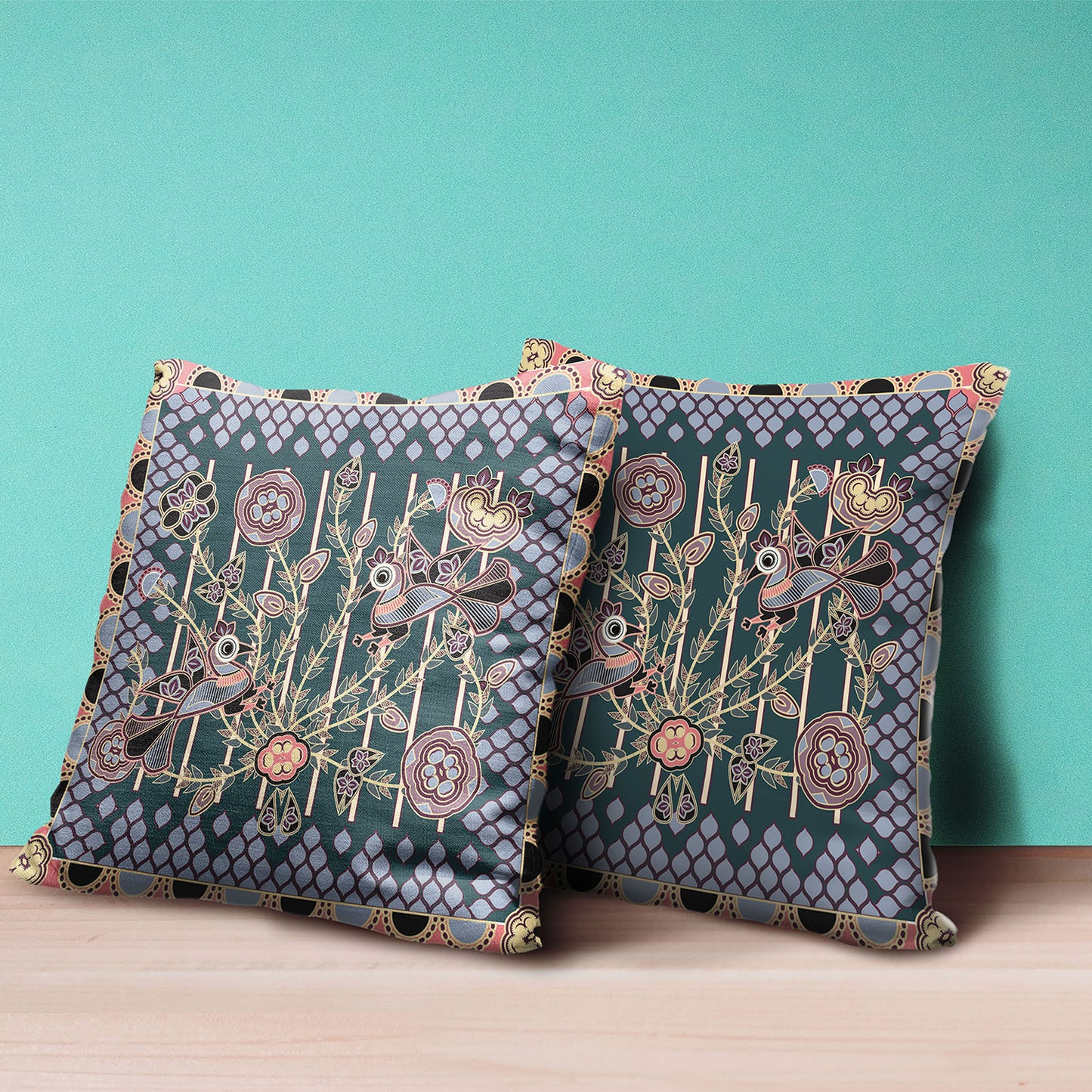 16" X 16" Blue and Green Peacock Broadcloth Floral Zippered Pillow