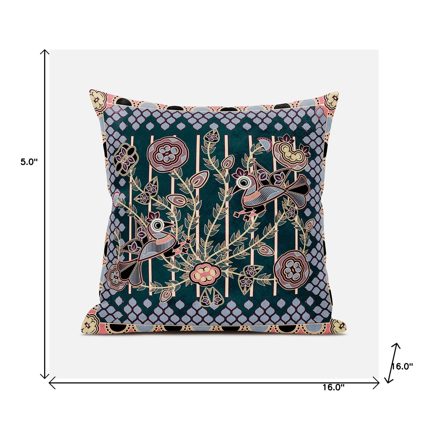 16" X 16" Blue and Green Peacock Broadcloth Floral Zippered Pillow