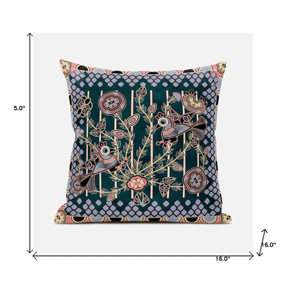 16" X 16" Blue and Green Peacock Broadcloth Floral Zippered Pillow