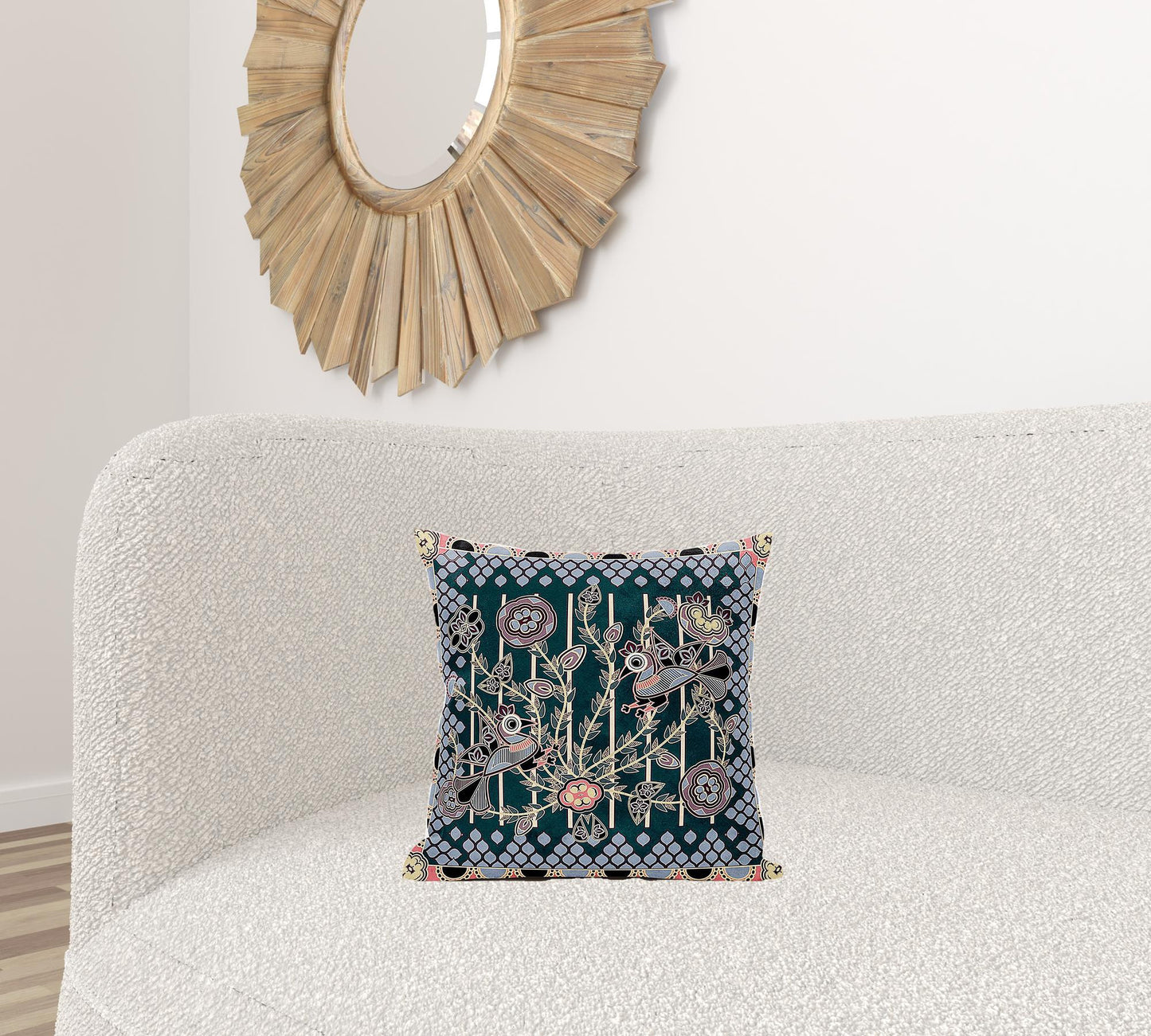 16" X 16" Blue and Green Peacock Broadcloth Floral Zippered Pillow