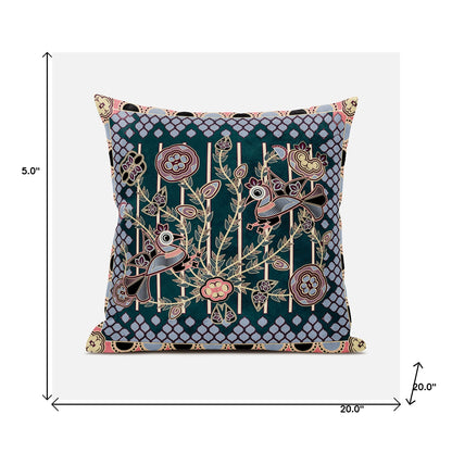 20" X 20" Blue and Green Peacock Broadcloth Floral Zippered Pillow
