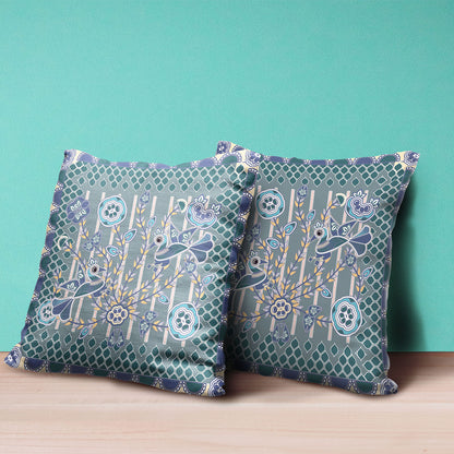 16" X 16" Blue and Gray Peacock Broadcloth Floral Zippered Pillow