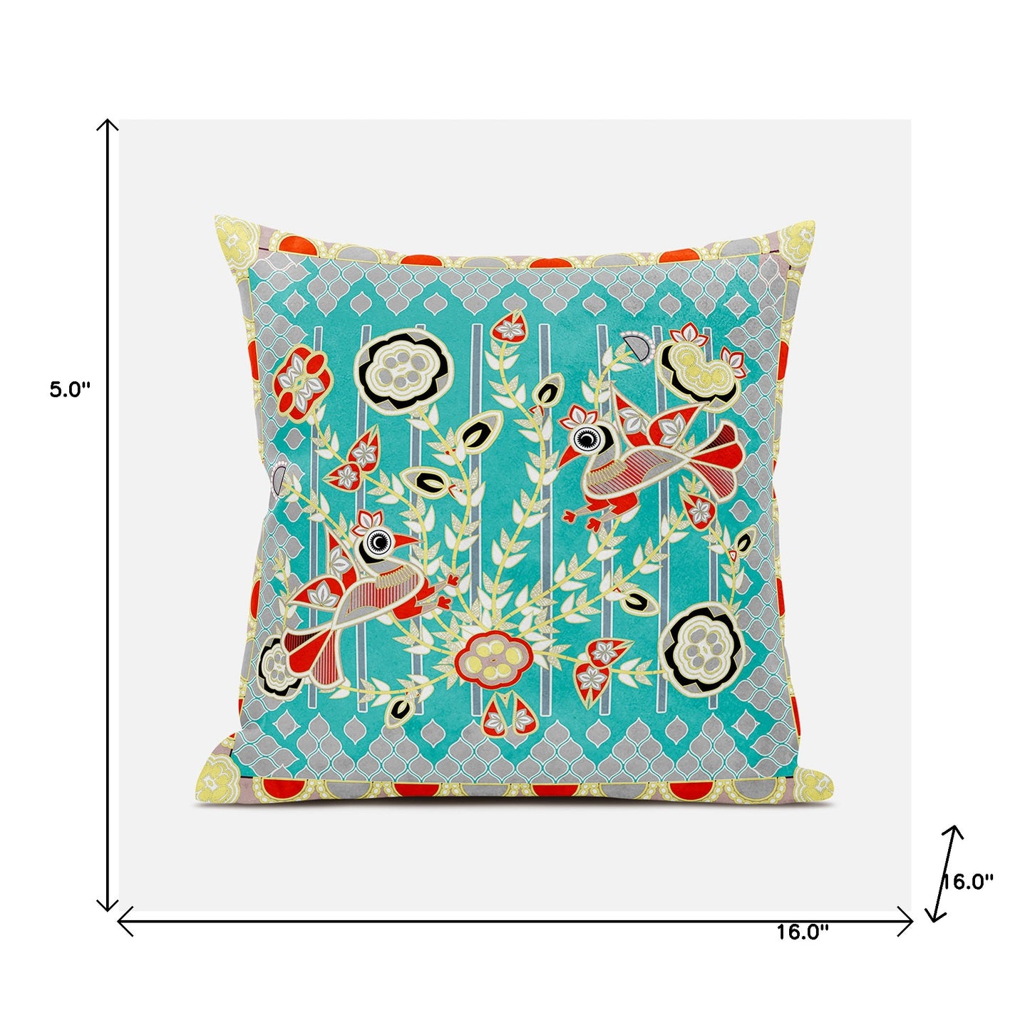 16" X 16" Blue and Yellow Peacock Broadcloth Floral Zippered Pillow