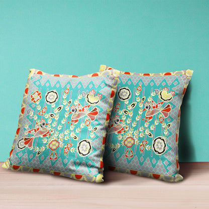 18" X 18" Blue and Yellow Peacock Broadcloth Floral Zippered Pillow