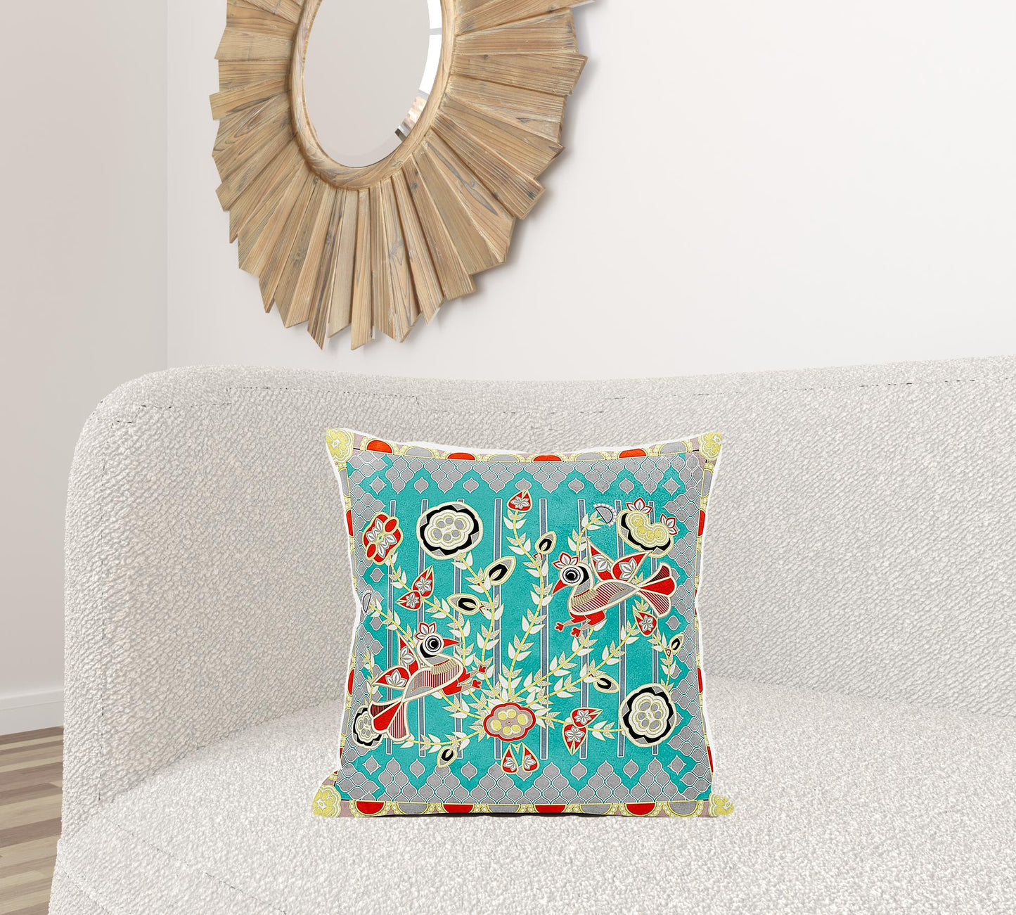 20" X 20" Blue and Yellow Peacock Broadcloth Floral Zippered Pillow