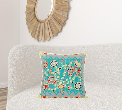 20" X 20" Blue and Yellow Peacock Broadcloth Floral Zippered Pillow