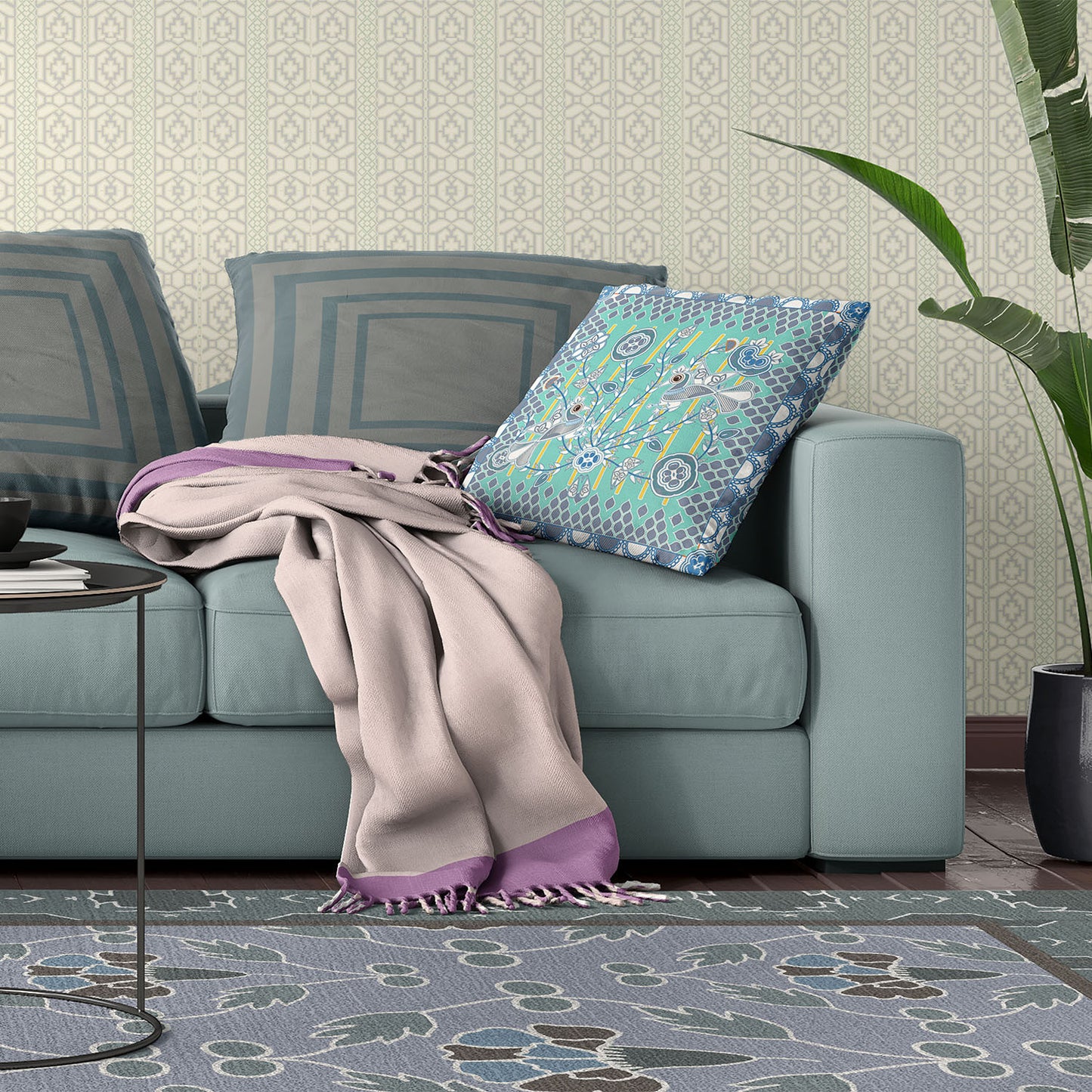 20" X 20" Gray and White Peacock Broadcloth Floral Zippered Pillow