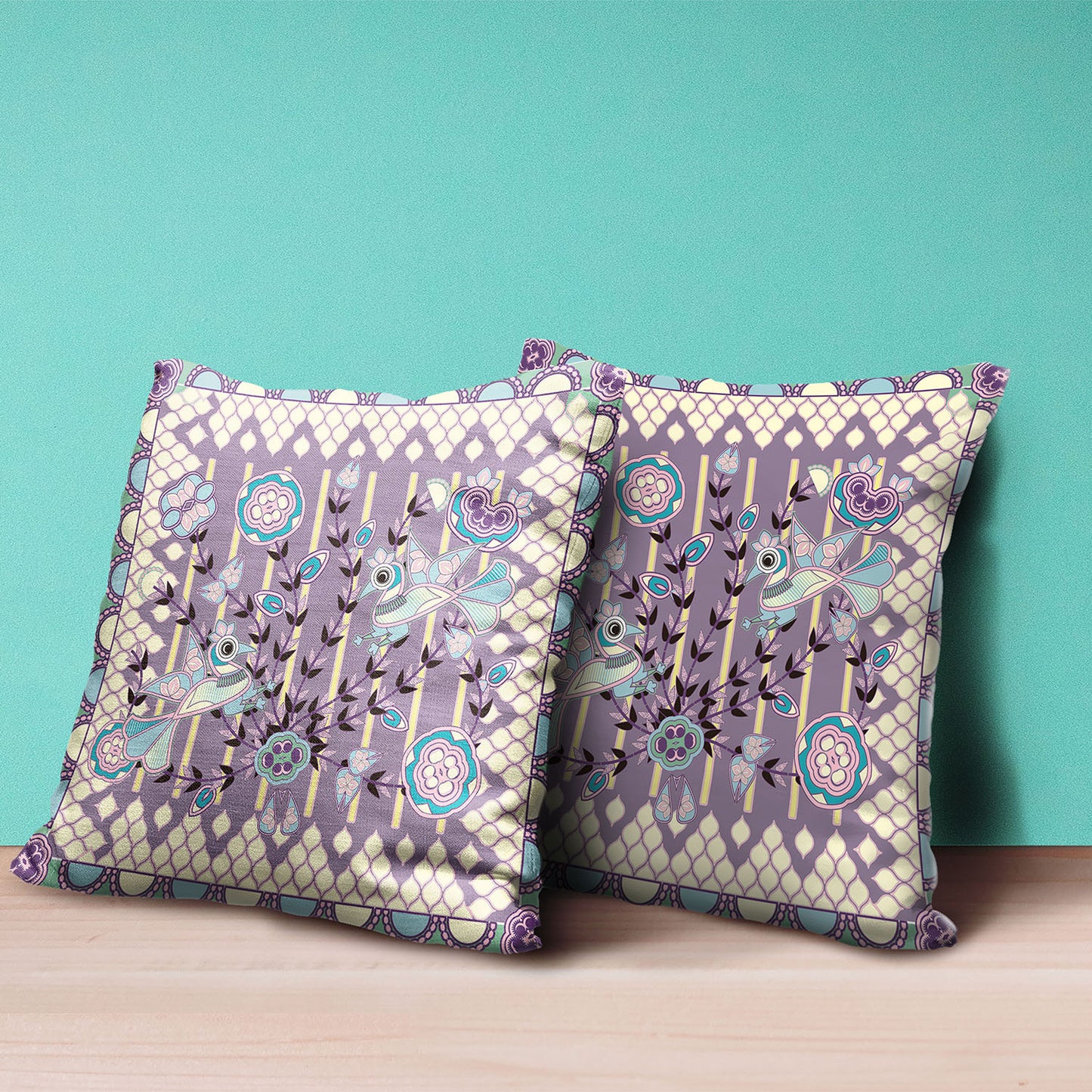 18" X 18" Blue and Purple Peacock Broadcloth Floral Zippered Pillow