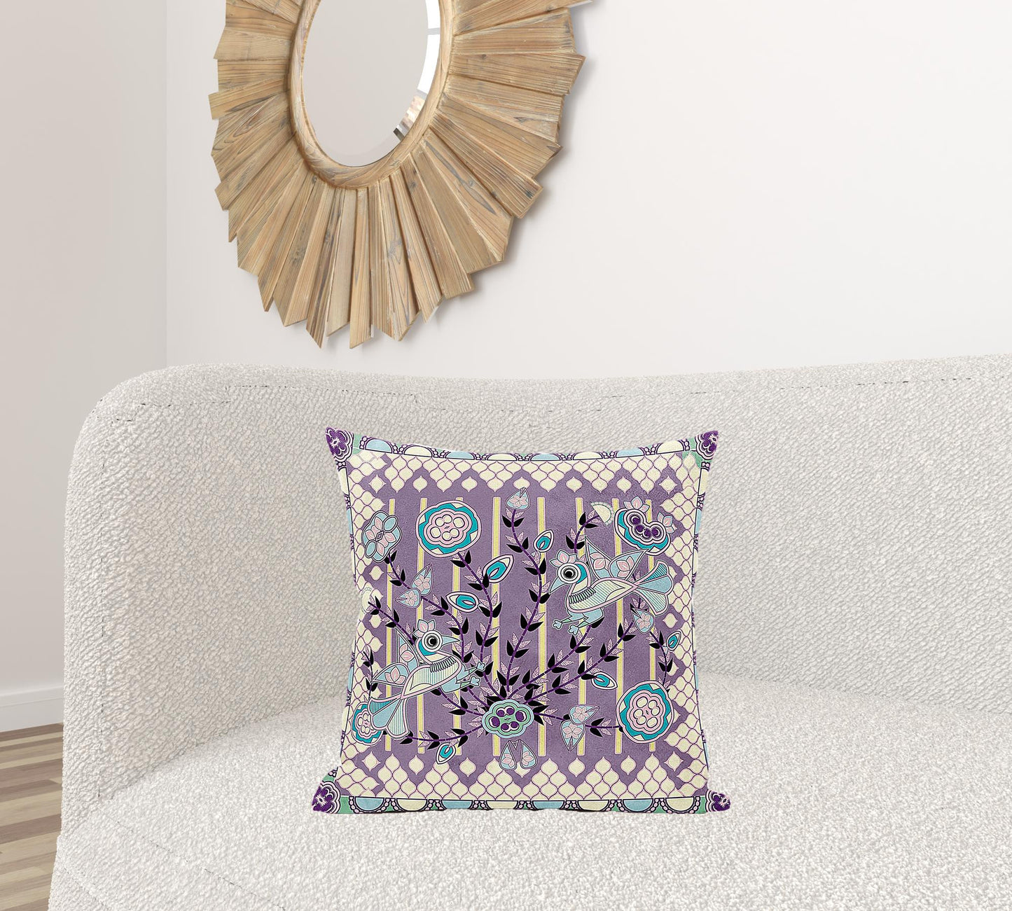20" X 20" Blue and Purple Peacock Broadcloth Floral Zippered Pillow