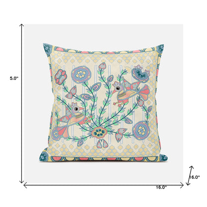 16" X 16" Blue and Yellow Peacock Broadcloth Floral Zippered Pillow