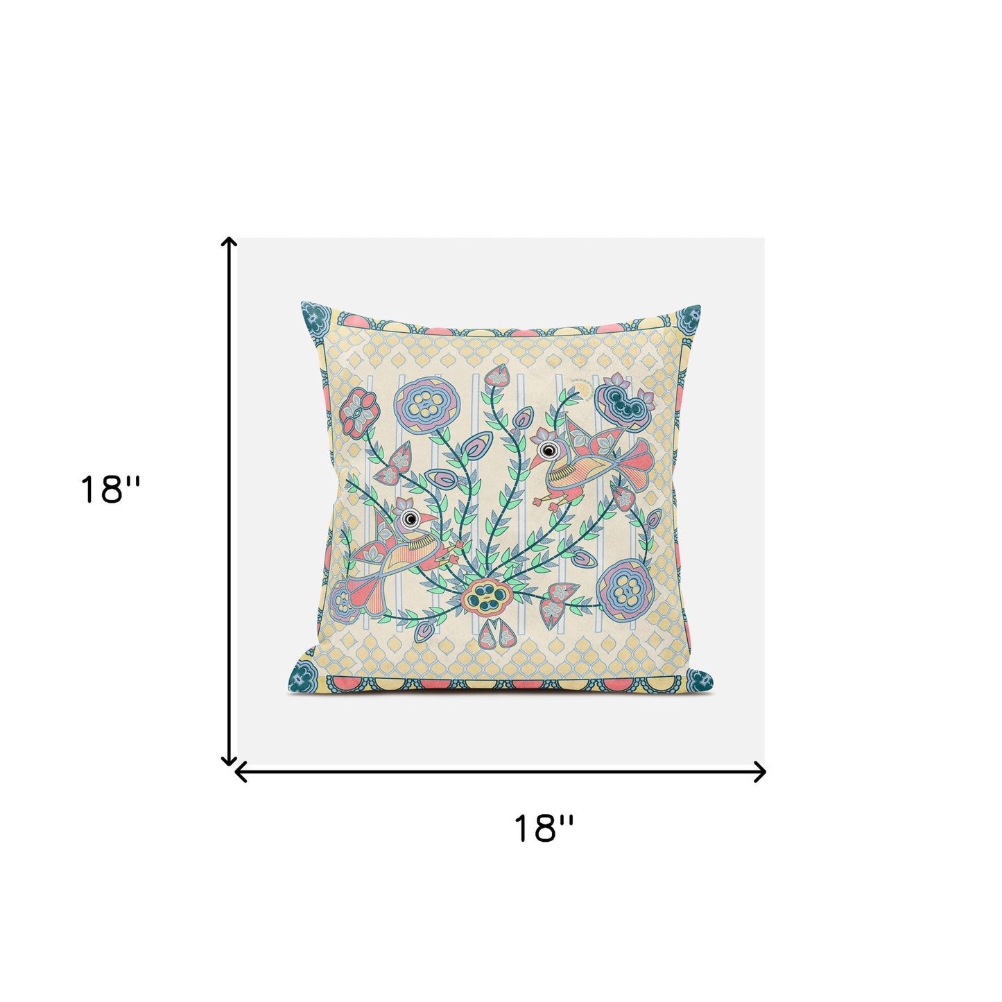 18" X 18" Blue and Yellow Peacock Broadcloth Floral Zippered Pillow
