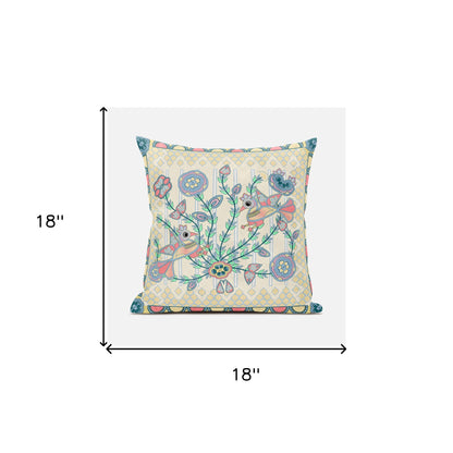18" X 18" Blue and Yellow Peacock Broadcloth Floral Zippered Pillow