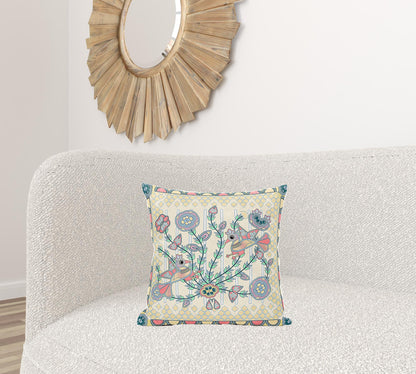 18" X 18" Blue and Yellow Peacock Broadcloth Floral Zippered Pillow