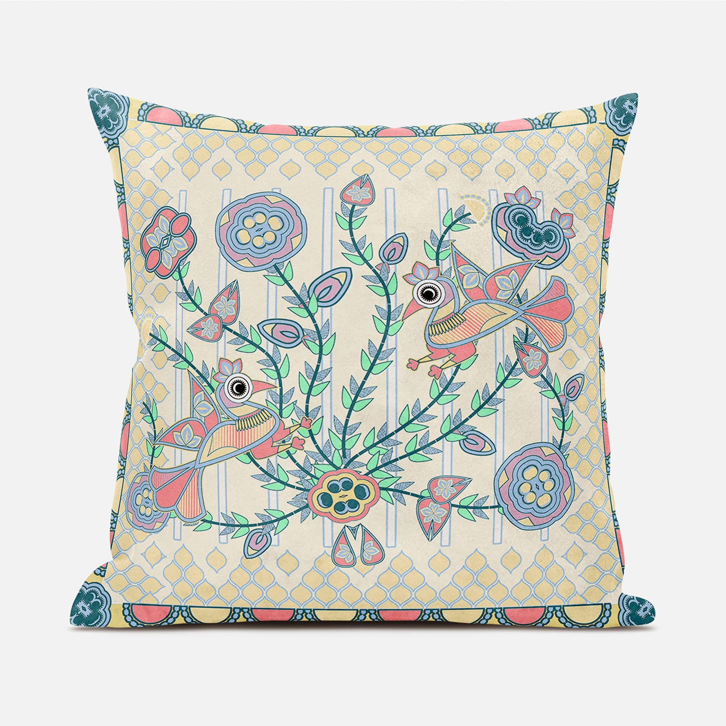 20" X 20" Blue and Yellow Peacock Broadcloth Floral Zippered Pillow
