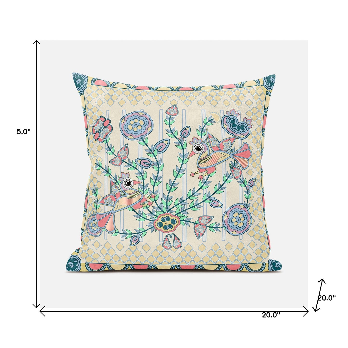 20" X 20" Blue and Yellow Peacock Broadcloth Floral Zippered Pillow