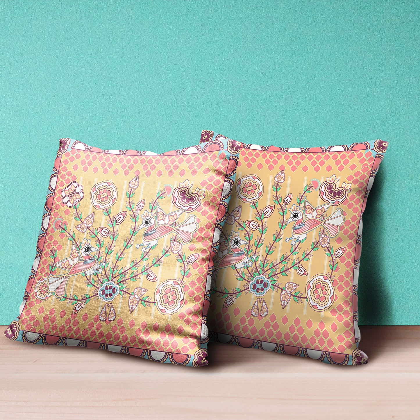 16" X 16" Yellow and Peach Peacock Broadcloth Floral Zippered Pillow