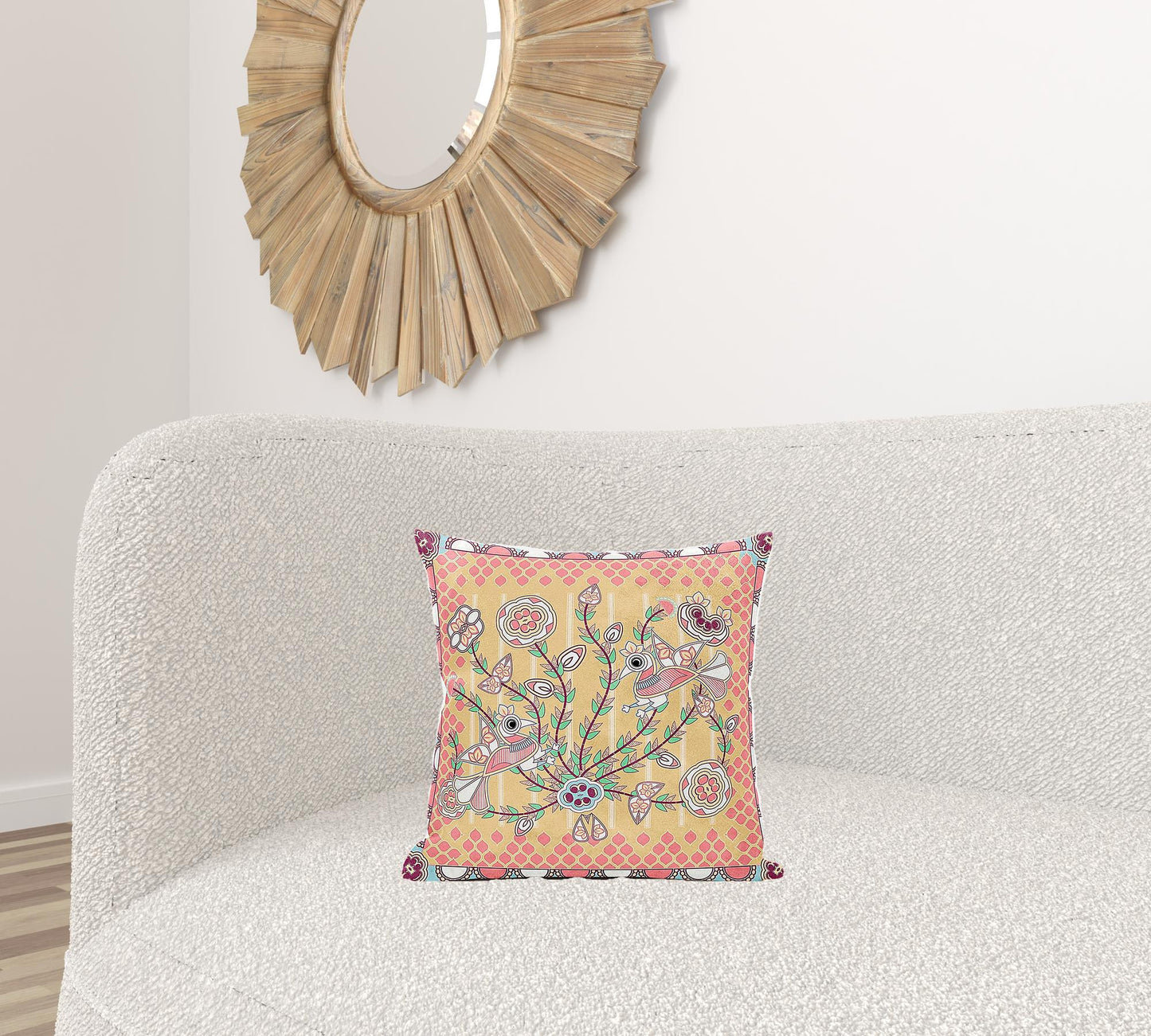 16" X 16" Yellow and Peach Peacock Broadcloth Floral Zippered Pillow