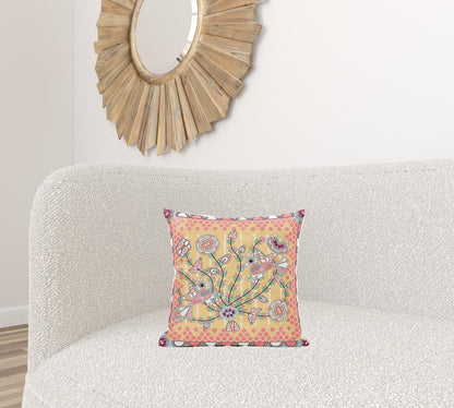 16" X 16" Yellow and Peach Peacock Broadcloth Floral Zippered Pillow
