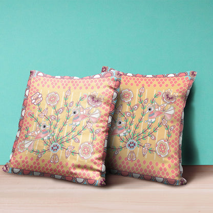 18" X 18" Yellow and Peach Peacock Broadcloth Floral Zippered Pillow