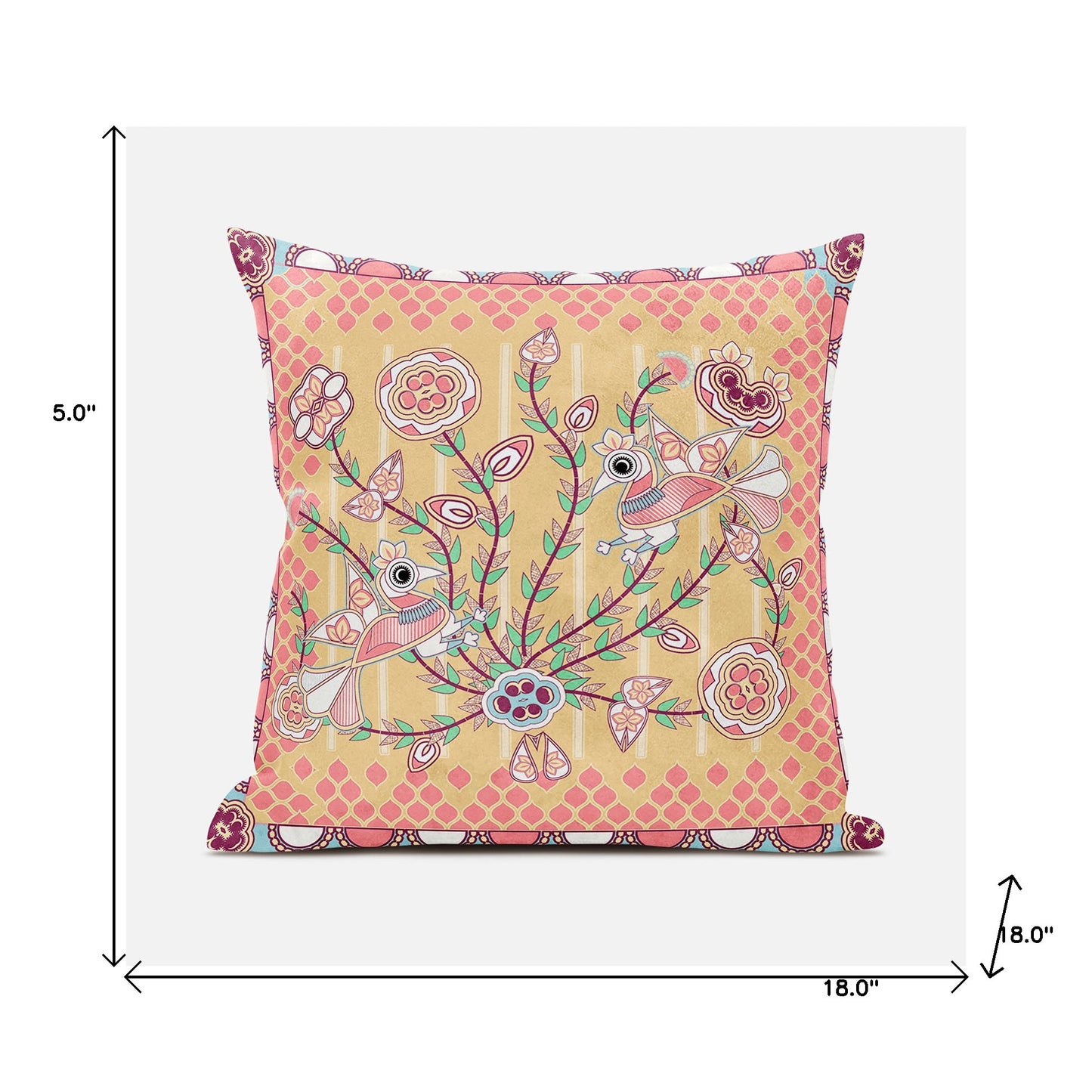 18" X 18" Yellow and Peach Peacock Broadcloth Floral Zippered Pillow