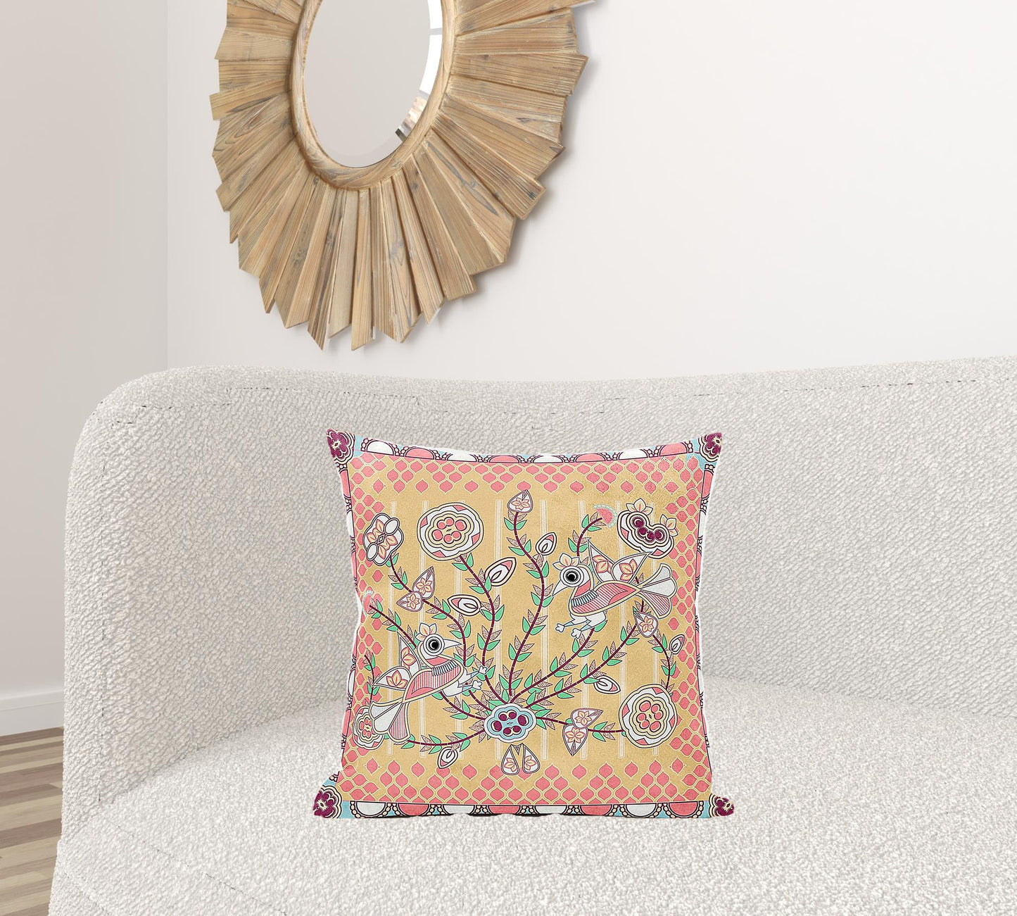 20" X 20" Yellow and Peach Peacock Broadcloth Floral Zippered Pillow