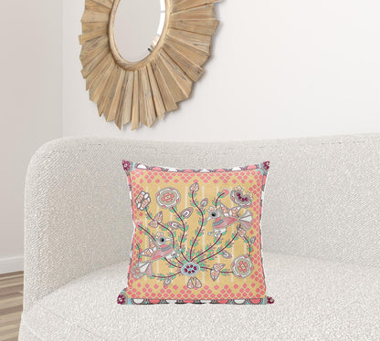 20" X 20" Yellow and Peach Peacock Broadcloth Floral Zippered Pillow