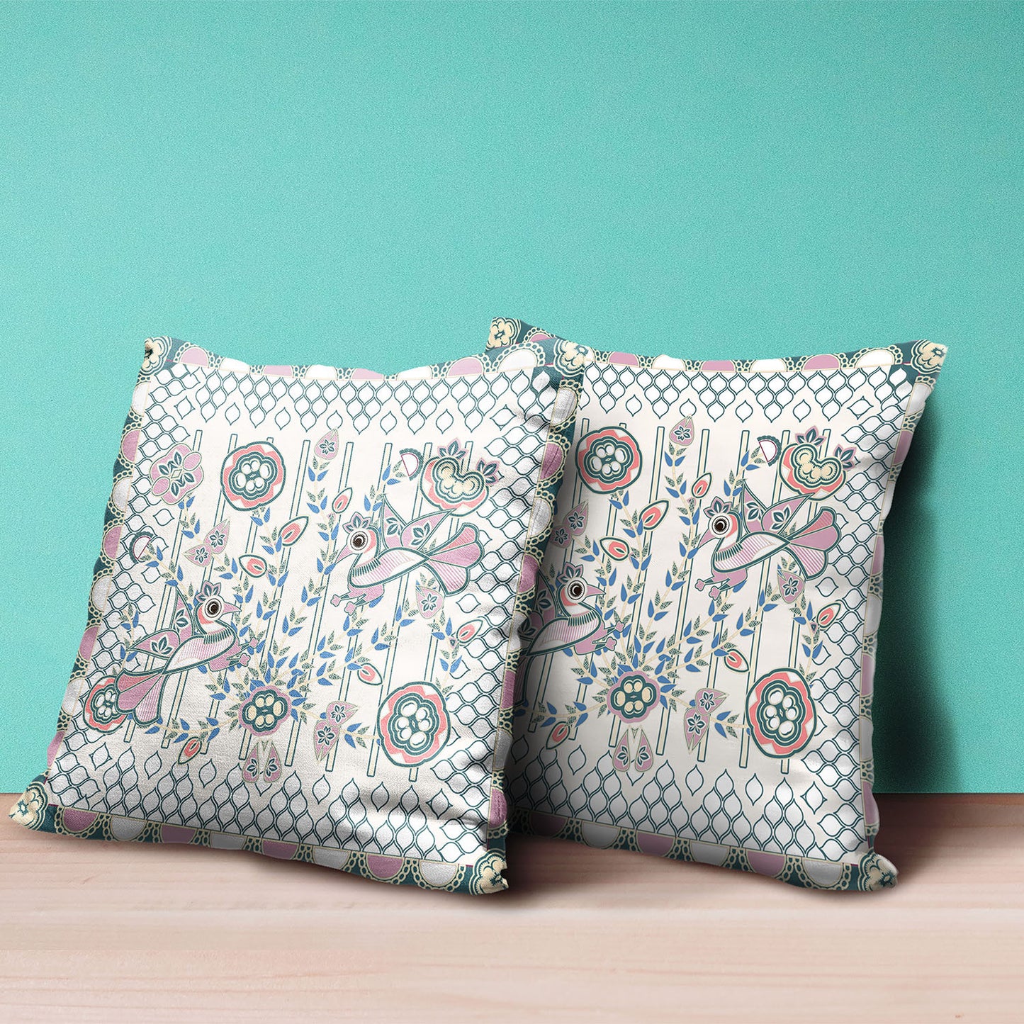 16" X 16" Blue and Off White Peacock Broadcloth Floral Zippered Pillow
