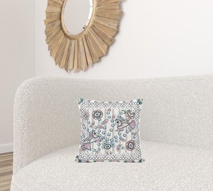 16" X 16" Blue and Off White Peacock Broadcloth Floral Zippered Pillow