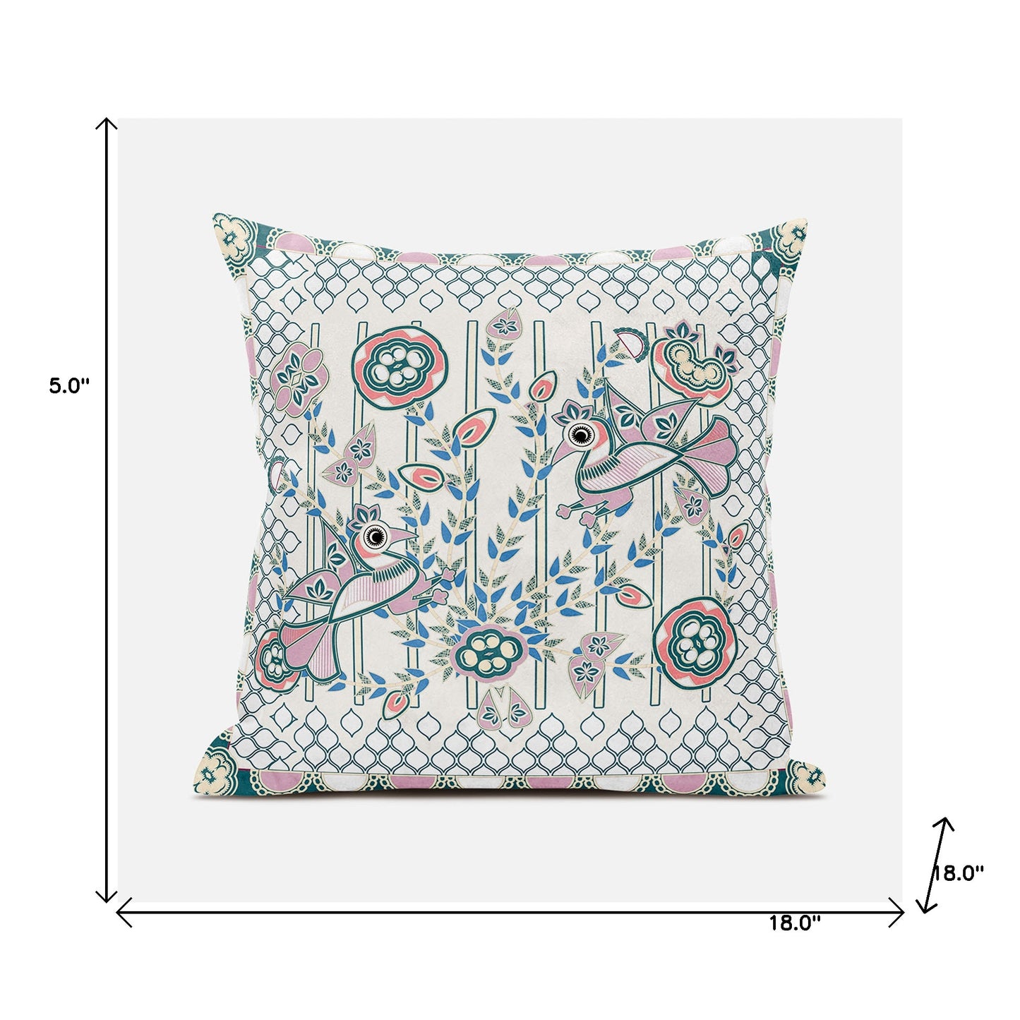 18" X 18" Blue and Off White Peacock Broadcloth Floral Zippered Pillow