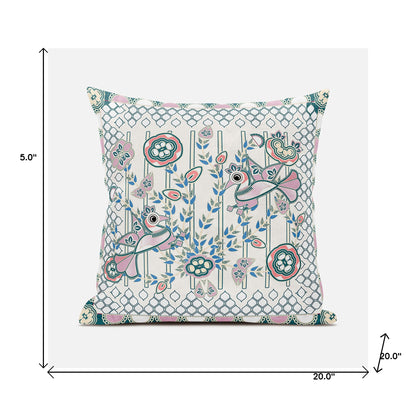 20" X 20" Blue and Off White Peacock Broadcloth Floral Zippered Pillow