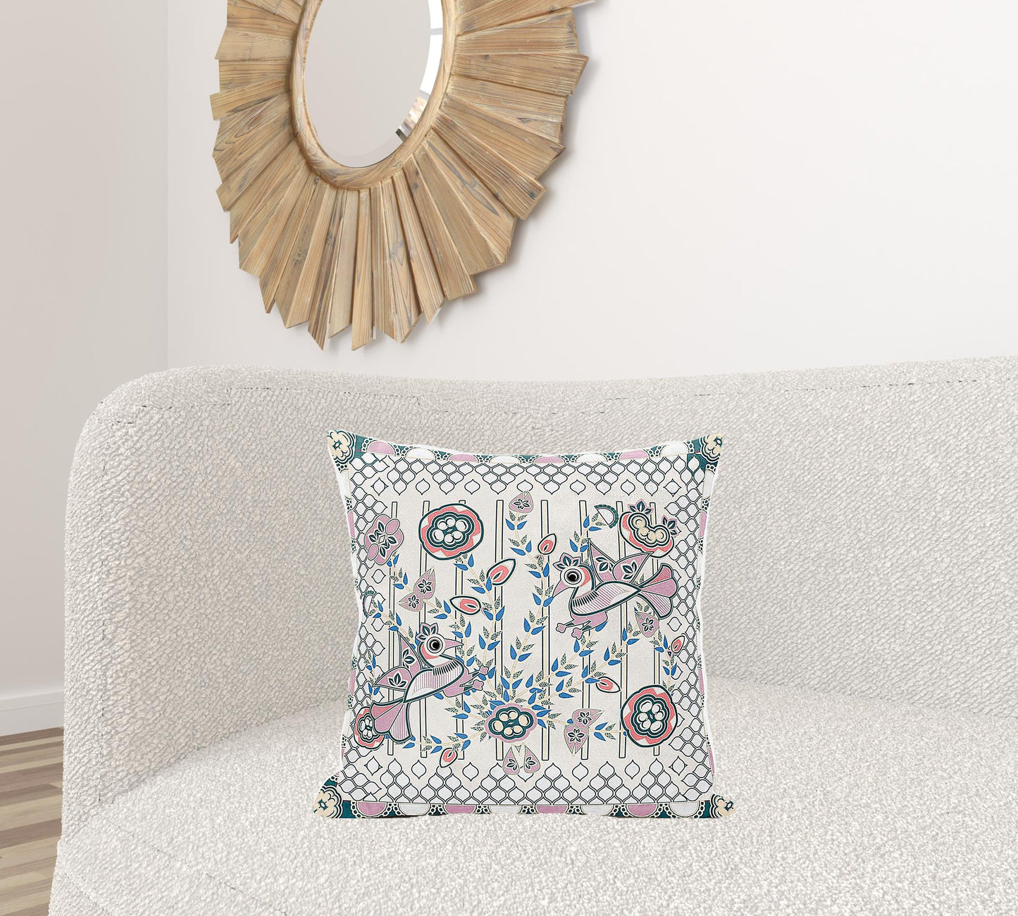 20" X 20" Blue and Off White Peacock Broadcloth Floral Zippered Pillow