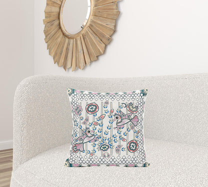20" X 20" Blue and Off White Peacock Broadcloth Floral Zippered Pillow