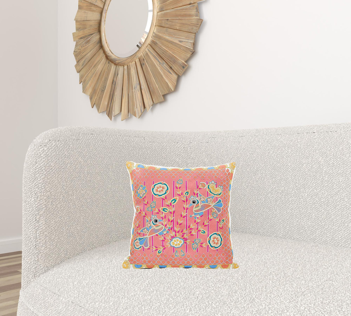 16" X 16" Yellow and Peach Peacock Broadcloth Floral Zippered Pillow