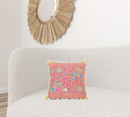 16" X 16" Yellow and Peach Peacock Broadcloth Floral Zippered Pillow