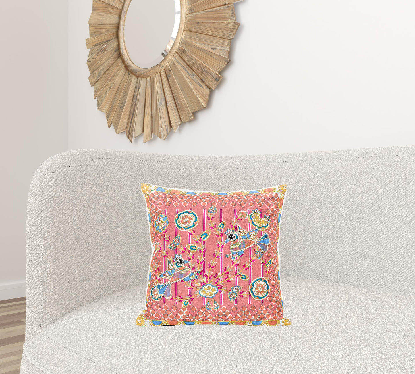 18" X 18" Yellow and Peach Peacock Broadcloth Floral Zippered Pillow