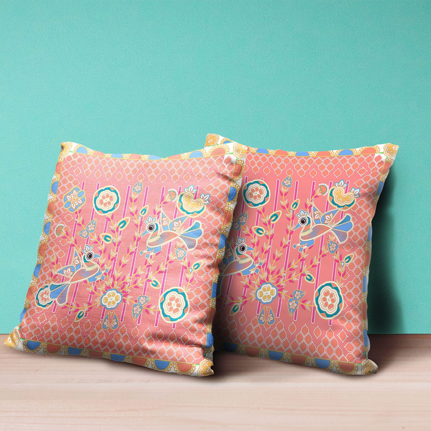 20" X 20" Yellow and Peach Peacock Broadcloth Floral Zippered Pillow