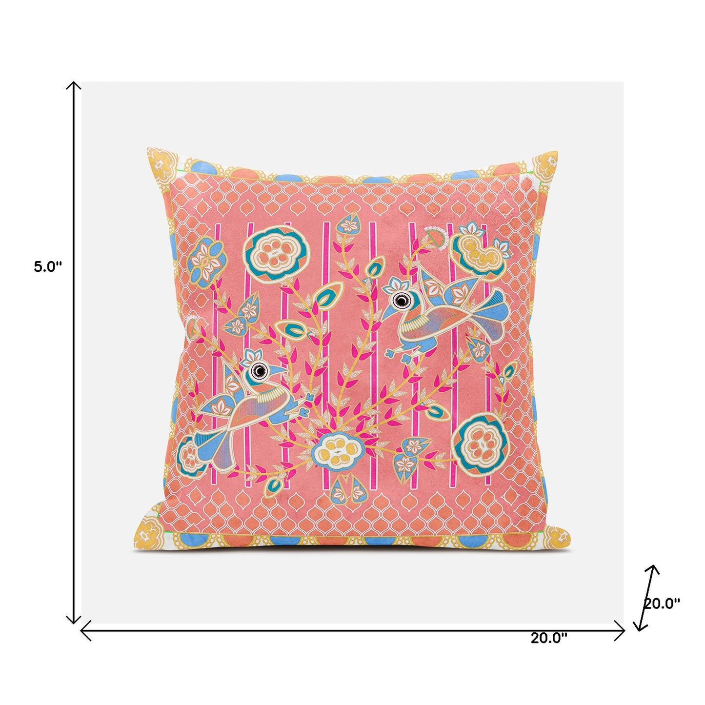 20" X 20" Yellow and Peach Peacock Broadcloth Floral Zippered Pillow