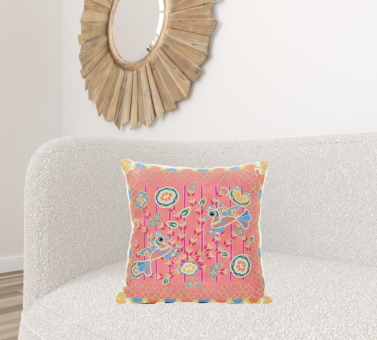 20" X 20" Yellow and Peach Peacock Broadcloth Floral Zippered Pillow
