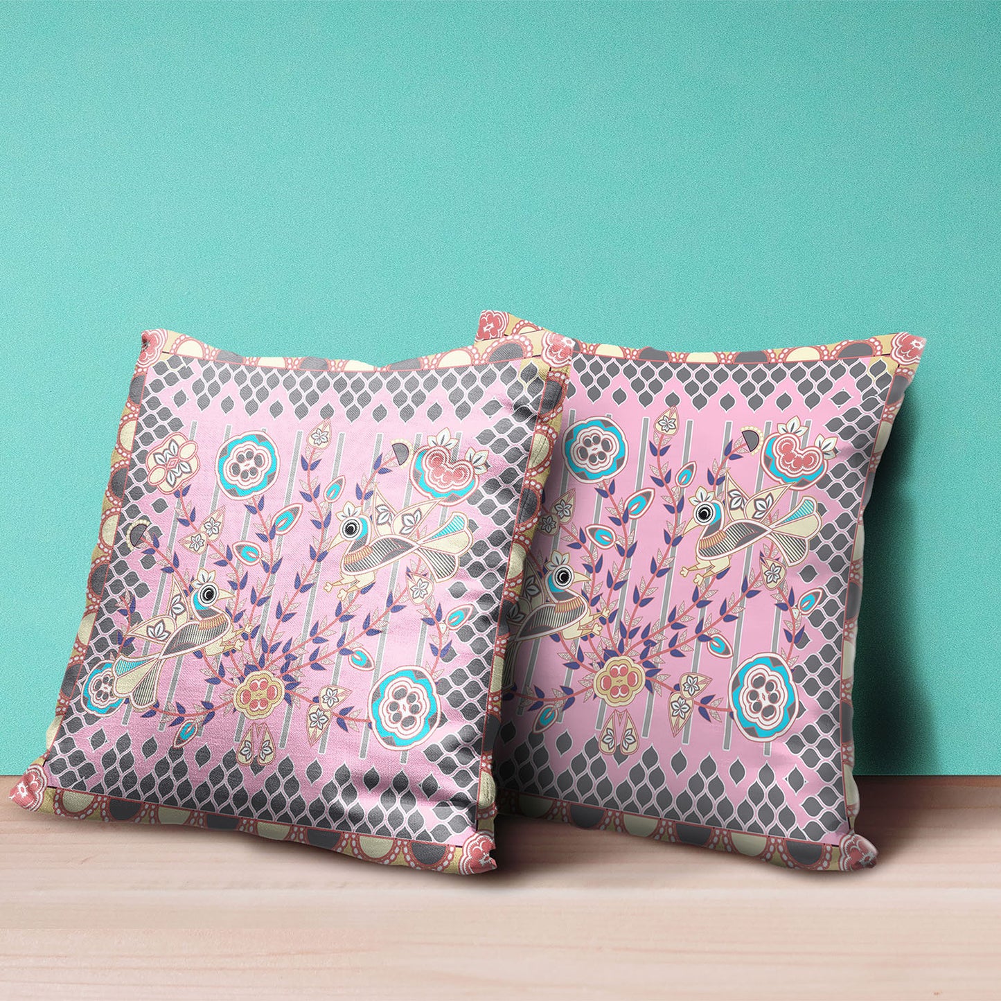 16" X 16" Gray and Pink Peacock Broadcloth Floral Zippered Pillow