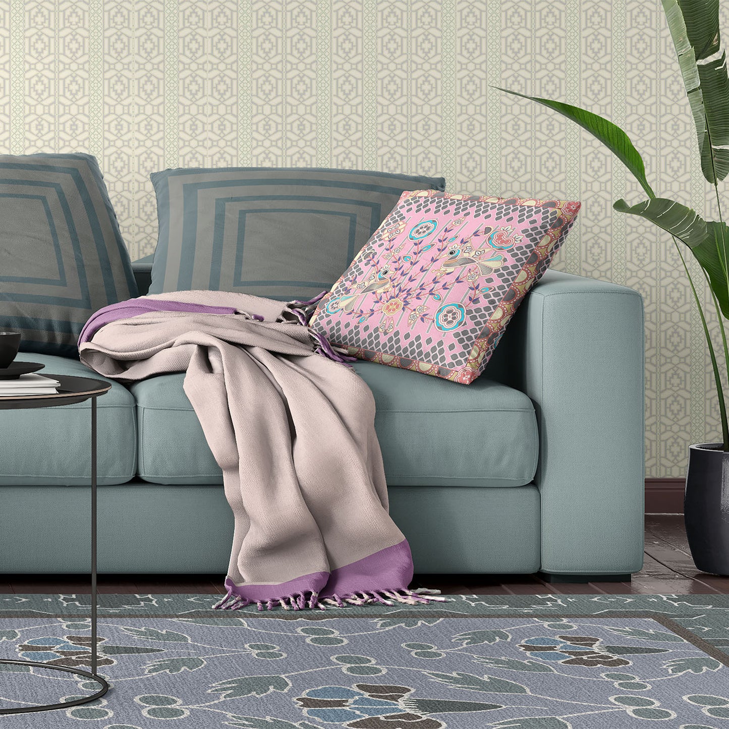 16" X 16" Gray and Pink Peacock Broadcloth Floral Zippered Pillow