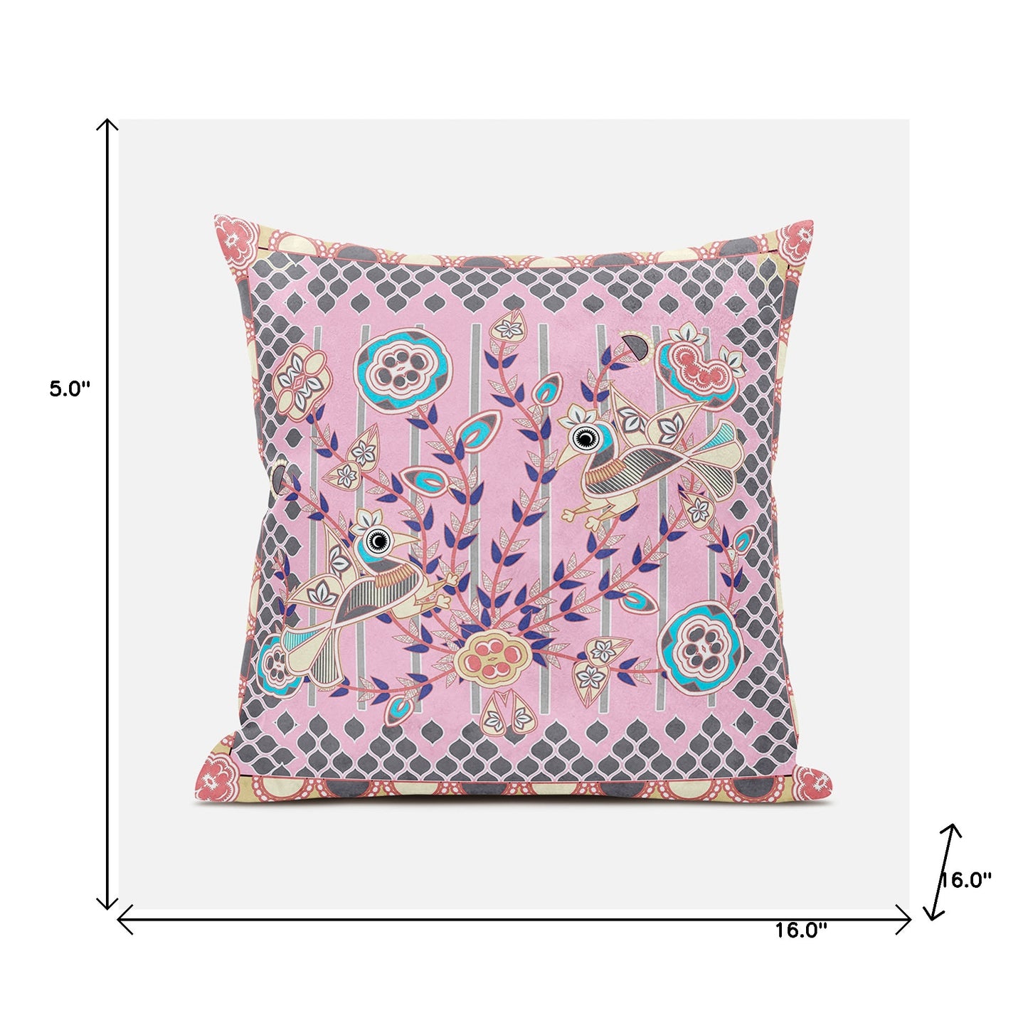 16" X 16" Gray and Pink Peacock Broadcloth Floral Zippered Pillow