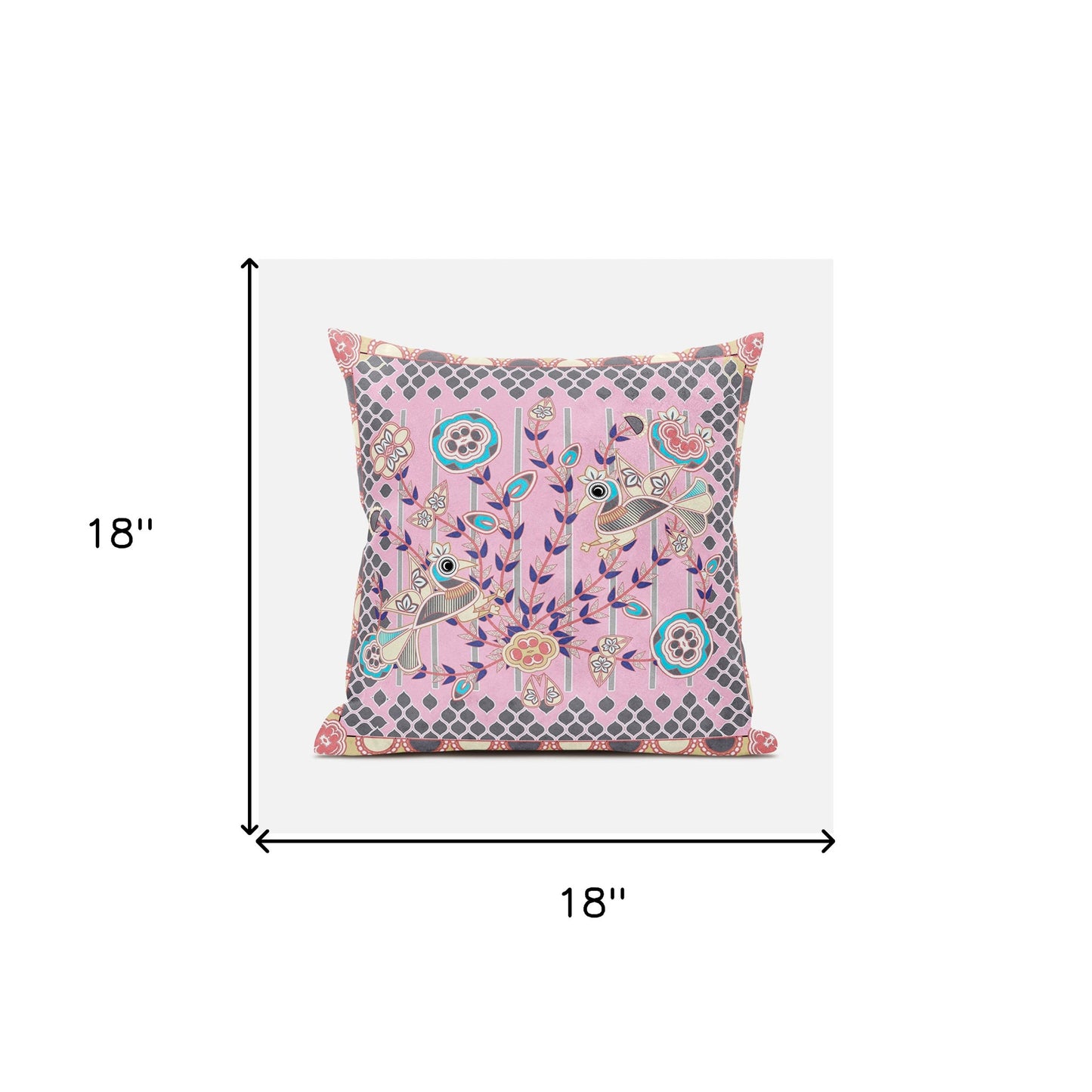 18" X 18" Gray and Pink Peacock Broadcloth Floral Zippered Pillow