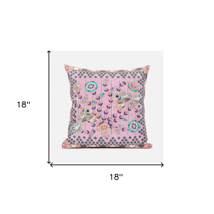 18" X 18" Gray and Pink Peacock Broadcloth Floral Zippered Pillow