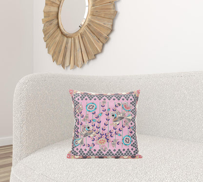 18" X 18" Gray and Pink Peacock Broadcloth Floral Zippered Pillow