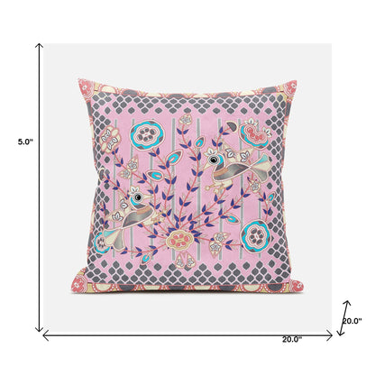 20" X 20" Gray and Pink Peacock Broadcloth Floral Zippered Pillow