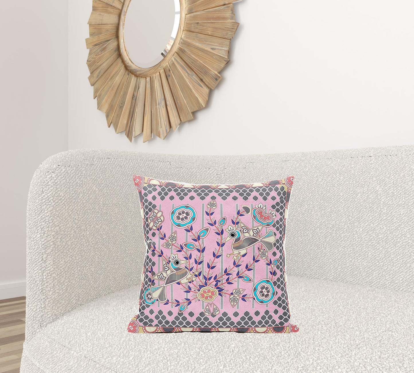 20" X 20" Gray and Pink Peacock Broadcloth Floral Zippered Pillow