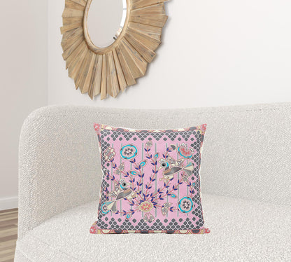 20" X 20" Gray and Pink Peacock Broadcloth Floral Zippered Pillow