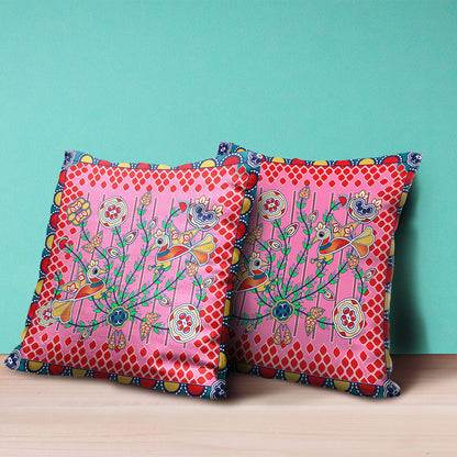18" X 18" Red and Pink Peacock Broadcloth Floral Zippered Pillow